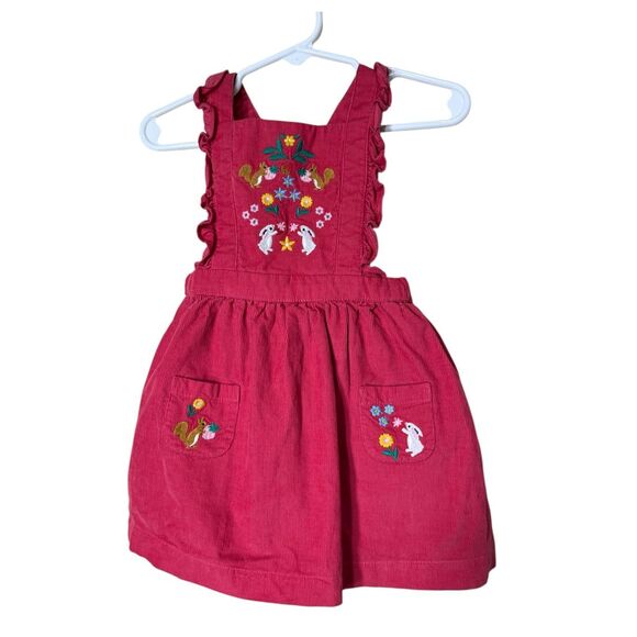 Mini Boden Pink Corduroy Pinnie Dress Embroidered Bunnies/Squirrels 9-12 months